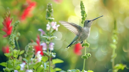 Fototapeta premium Hummingbird hovers near a green flower stem. Soft bokeh background with red and white blooms. Bright sunlight highlights wings in motion. Peaceful moment in a lush garden. Ideal for nature, wildlife