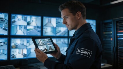 Obraz premium A security guard in a control room monitoring multiple screens and holding a tablet with a security feed, ensuring safety and protection.