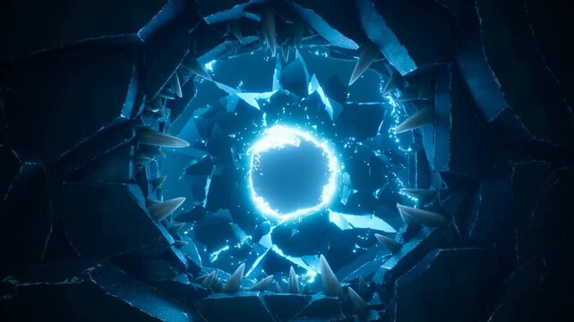 Glowing blue energy portal bursting through dark jagged rocks resembling a monstrous mouth. Ideal for sci-fi, gaming, or abstract breakthrough concepts.
