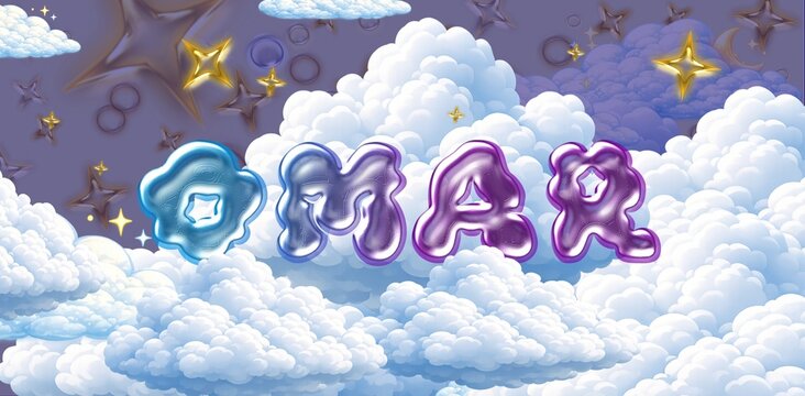 Omar name. Colorful 3D Cloud Fantasy Background with Glossy Balloon Letters. Dreamy Sky, Stars and Soft Clouds Illustration.
