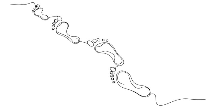 Minimal continuous line drawing of walking footprints.