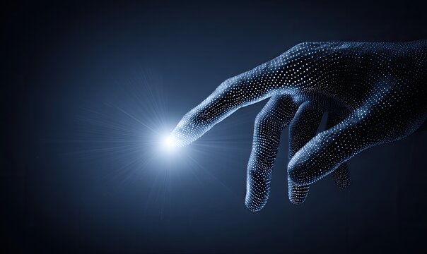 Digital particle hand reaching out, glowing fingertip touching bright light in dark space