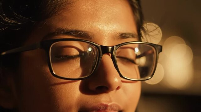 Woman adjusting glasses with intense gaze and bokeh lights