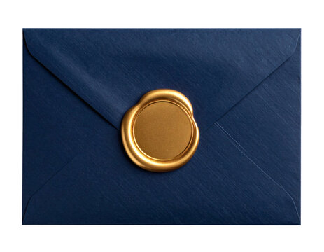 A traditional dark blue textured envelope sealed with a blank, shimmering golden wax stamp, perfect for official correspondence, formal invitations, or confidential messages, conveying elegance
