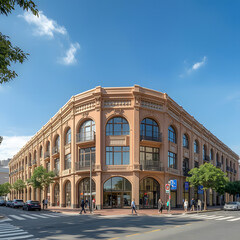Obraz premium Urban Architectural Elegance: A majestic building standing in an urban environment, portraying grandeur with its architectural design under a bright blue sky.