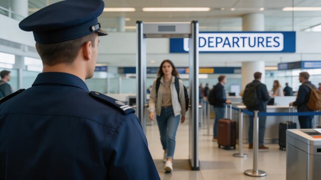 Airport security is a critical aspect of ensuring the safety of passengers and staff. This captures a security officer on duty, overseeing the departures process.
