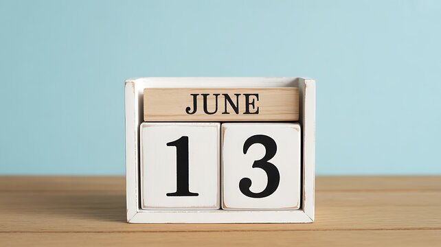 A wooden calendar displaying the date June 13 on a light blue background