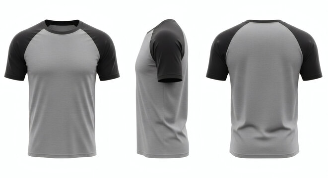 Front, side, and back views of a blank men's two-tone raglan t-shirt featuring a light grey body and dark grey sleeves, perfect for apparel design mockups&nbsp;