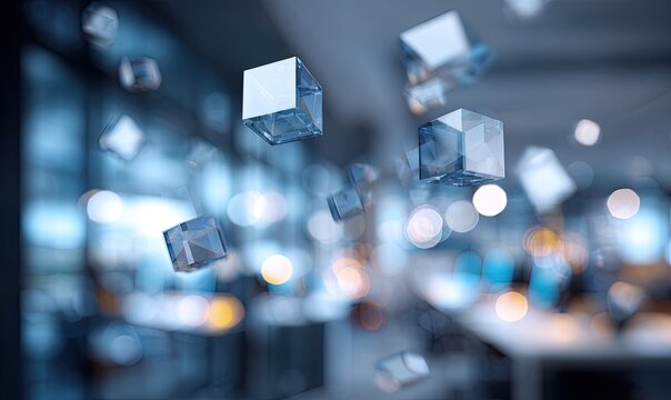 Clear, geometric cubes float suspended in motion against a blurred modern interior background