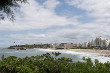 Fototapeta premium Panoramic coastal city beach view framed by greenery under bright sky and calm sea