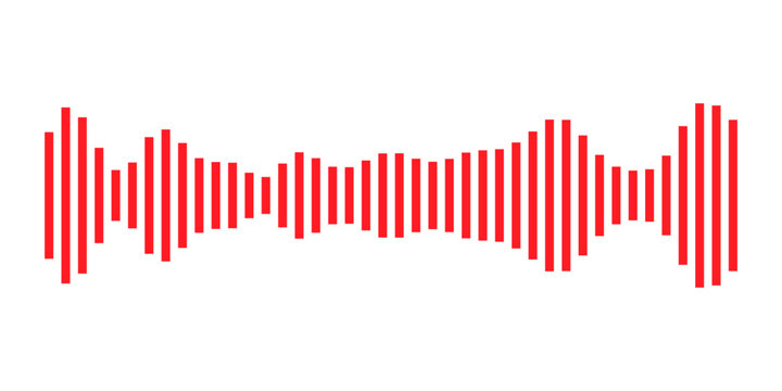 Bold red waveform equalizer bars, abstract music signal visualization, modern dynamic audio pattern background, clean geometric vertical lines vector illustration