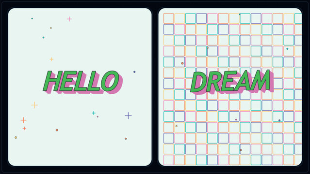 Retro aesthetic typography cards with Hello and Dream text, vintage 90s style graphic design, pastel geometric grid background with sparkles