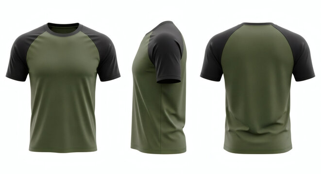 Professional 3D mockup of a two-tone raglan sleeve t-shirt, featuring an olive green body and black sleeves, perfect for apparel design presentations, shown from front, side, and back views&nbsp;