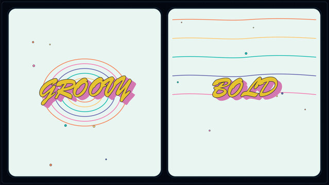 Retro groovy and bold typography vector set, vintage 70s style aesthetic posters with pastel rainbow lines, nostalgic graphic design elements