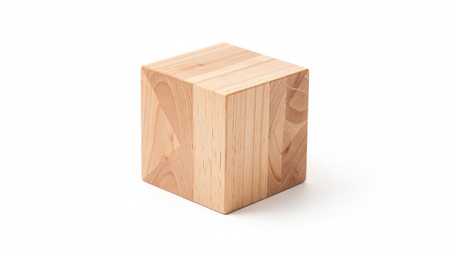 A single wooden cube with natural grain patterns is placed against a white background, emphasizing its simplicity and craftsmanship.
