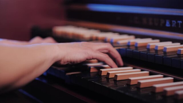 Cinematic close-up of a musician's hand playing a vintage harpsichord