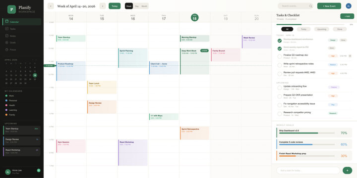 Weekly Planner Calendar Dashboard for Productivity Workspace. Clean productivity workspace interface with weekly calendar, task checklist, goals tracking, event scheduling. Vector Weekly Planner 