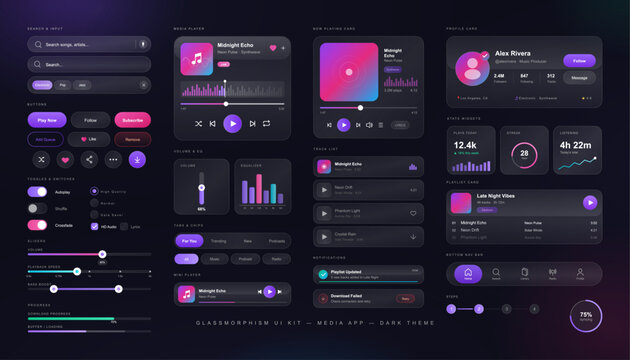 Glassmorphism Music App UI Kit in Neon Style. UI elements for music and media app featuring player cards, buttons, icons, bars, widgets, sliders, audio player, toggles. Vector interface components