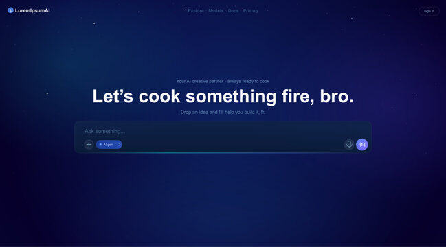 Futuristic AI Landing Page Hero Interface in Dark Blue Gradient. Modern AI website landing page concept with glowing dark gradient background. Chat with AI, web page template. Vector background