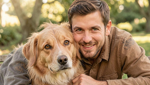 Man smiles beside golden dog in sunlit park. Dog rests gently against his chest. Warm light filters through trees behind them. Both look directly at the camera