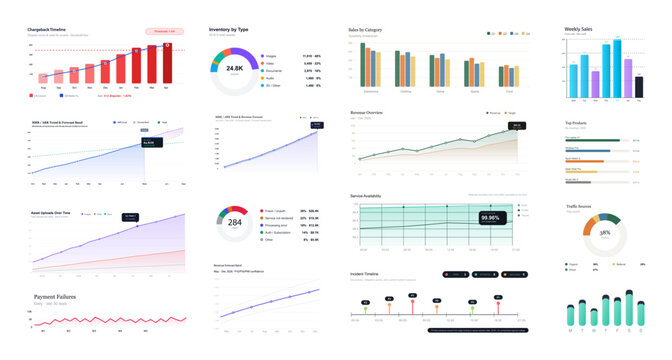 Business Infographic Set with Charts, Graphs and Analytics Elements.
Collection of business infographic elements featuring charts, graphs, timelines, donut diagrams, bar visuals. Vector graphic set