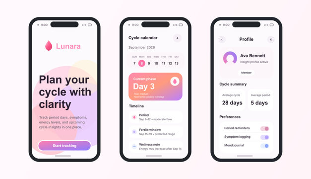 Period Tracking App Screens in Soft Pastel Wellness UI. Mockup on three mobile application screens for period tracking with cycle calendar, wellness timeline, reminders. Vector Period Tracking App