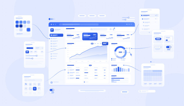 Website Builder Illustration with Design, Setup and Code. Minimal website builder illustration showing layout design, site setup, content panels, UI. App Development and creation, vector illustration