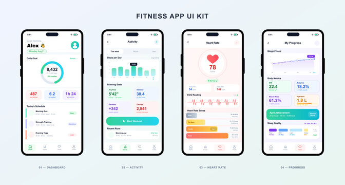 Fitness App UI Kit with Activity and Health Screens. Modern fitness mobile app UI, UX kit featuring dashboard, activity tracking, heart rate monitoring, progress analytics screens. Vector Application