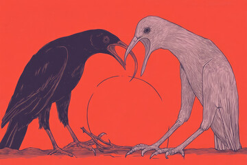 Naklejka premium Two Birds Clash With a Raccoon in a Dissonant Dream
