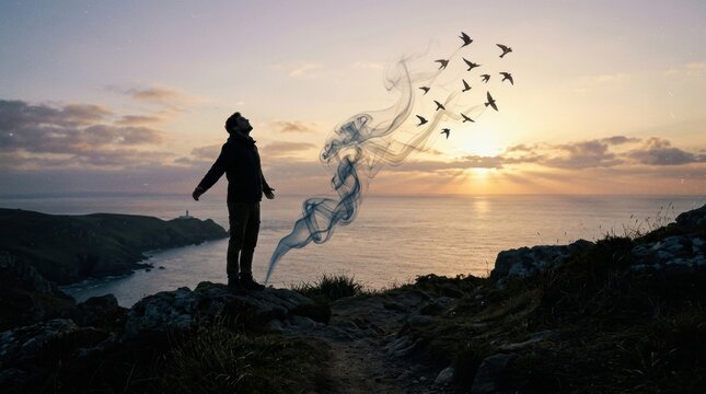 Person Experiencing Freedom While Standing on a Rocky Cliff Overlooking the Ocean During Sunset With Birds Flying Away