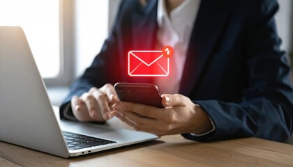 Fototapeta premium Business person checking for new email notifications on smartphone with glowing red envelope icon, office setting with laptop, communication and connectivity concepts