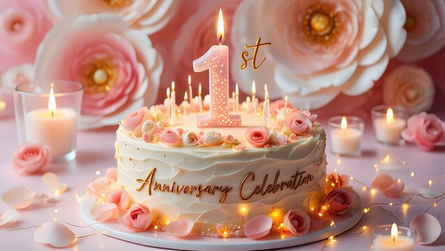 1st anniversary celebration cake with pink roses and candles