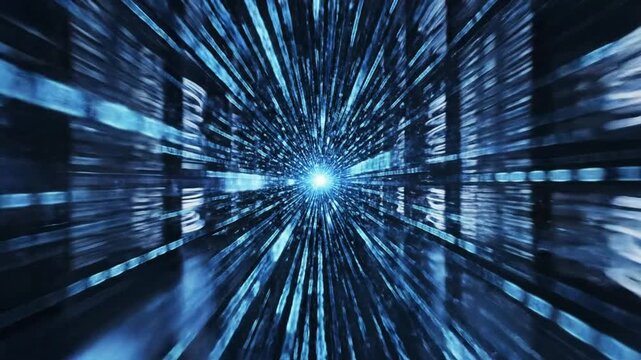 Futuristic Digital Binary Code Data Stream with Glowing Blue Numbers and Abstract Motion Blur Representing High Speed Information Transfer and Modern Technological Innovation in Cyberspace
