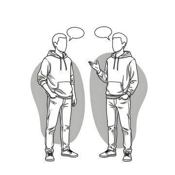 Two young men in hoodies stand facing each other while engaging in a casual conversation with speech bubbles.