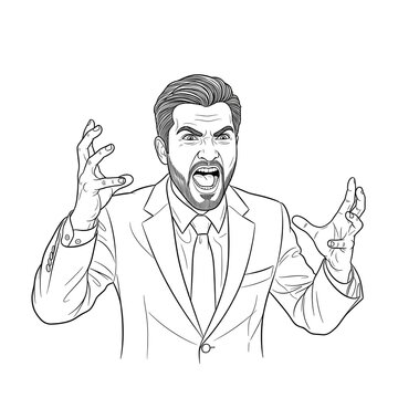 Businessman expresses intense frustration and anger by shouting with his hands raised in a stressful situation.
