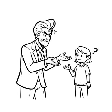 Businessman in a suit gestures aggressively while scolding a confused child who stands listening in silence.