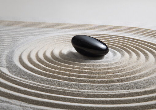 A single smooth black stone in the center of a meditative zen sand garden