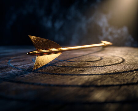 Golden arrow precisely embedded in target with rings, highlighting focus, achievement, and success