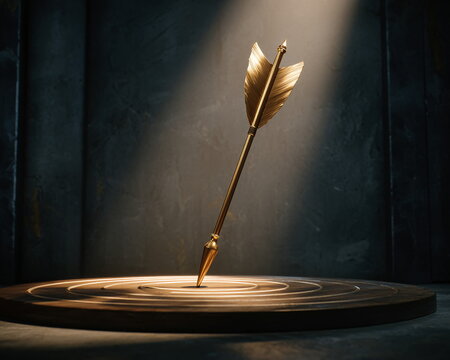 Golden arrow striking target, success, achievement, and precision concept