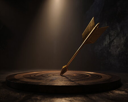 Golden Arrow Embedded in Center of Target with Spotlight