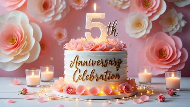 5th anniversary celebration cake with flowers, candles, and warm fairy lights on a white wooden table