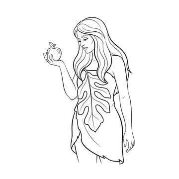Woman wearing a natural leaf garment holds an apple in her hand as a symbol of temptation and classic mythology.