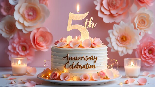 5th anniversary celebration cake with candle and floral decorations