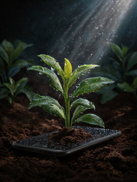Vibrant green plant sprout growing from smartphone with tiny water droplets under a focused light