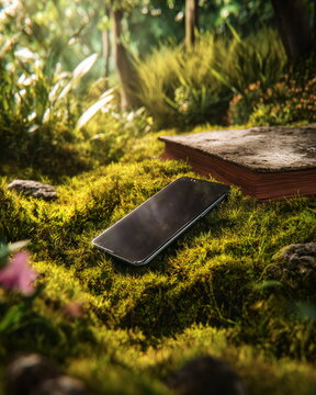 Smartphone and old book resting on vibrant green moss in sunlit forest clearing