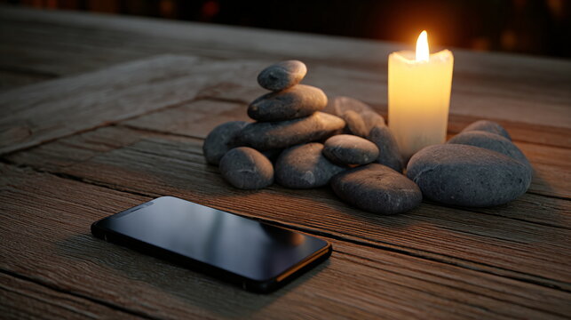 Smartphone lying face down on rustic wooden table with glowing candle and balanced zen stones