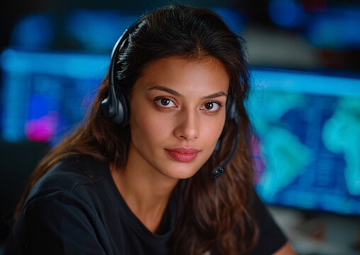 South Asian female cybersecurity analyst with headset in dark office environment