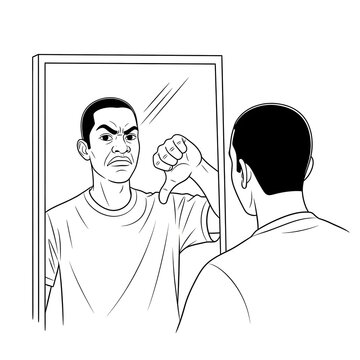 Man looks at his negative reflection in a mirror while expressing deep dissatisfaction and low self-esteem.