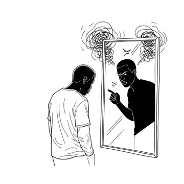 Man confronts his aggressive reflection in a mirror while experiencing intense feelings of inner conflict and anger.