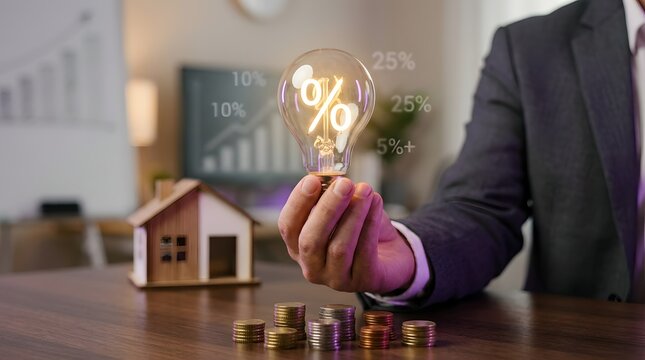 Businessman Holding Glowing Lightbulb with Percentage Sign Illustrating Financial Investments and Mortgage Interest Rates